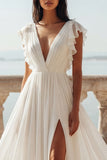 Ivory V-Neck Ruffled A Line Chiffon Wedding Dress with Slit