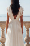 Ivory V-Neck Ruffled A Line Chiffon Wedding Dress with Slit