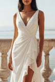 Ivory V-Neck Mermaid Ruffled Ruched Wedding Dress