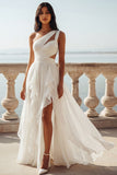 One Shoulder Cut Out Ivory A Line Ruffled Chiffon Wedding Dress