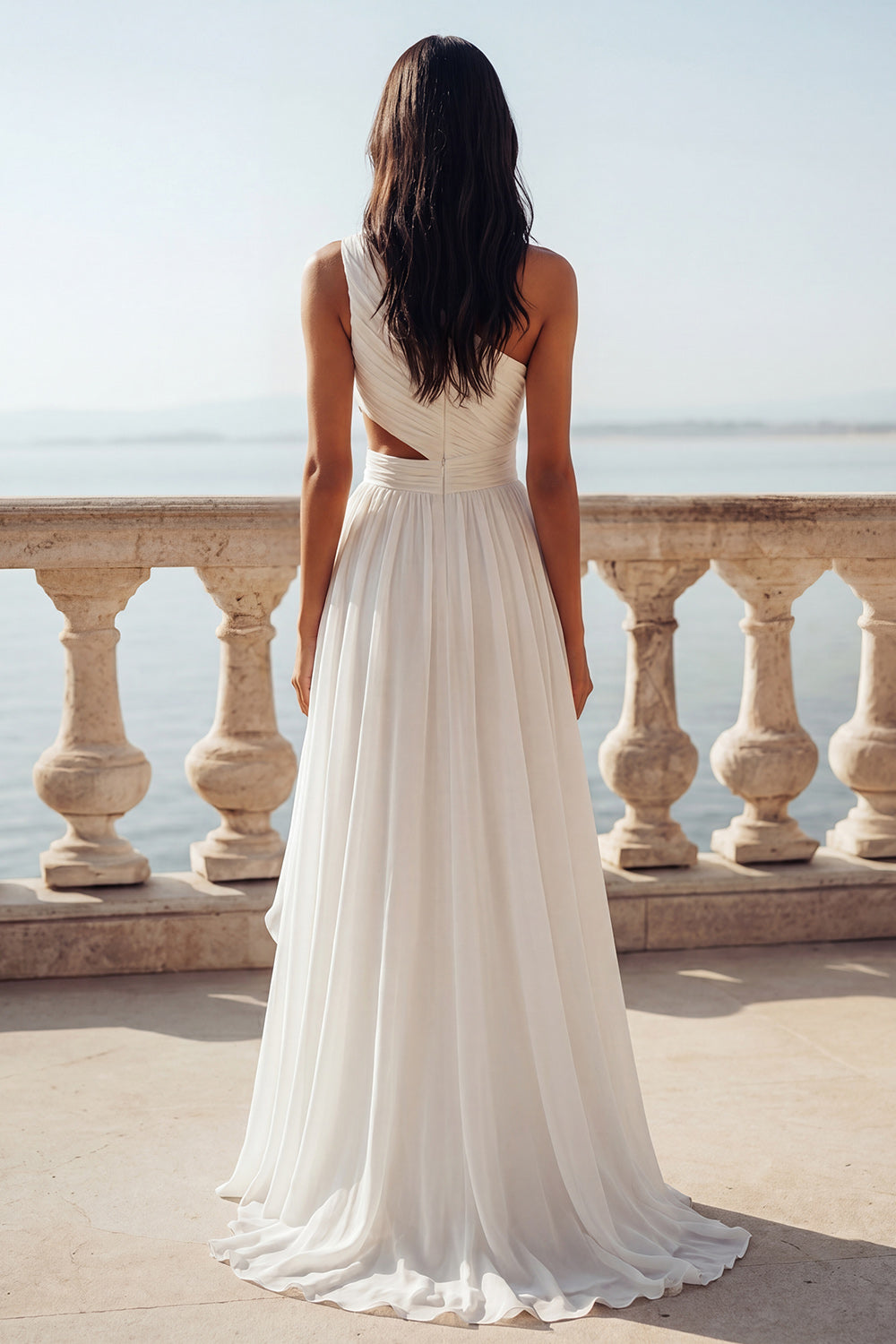 chiffon wedding dress one shoulder White One-Shoulder Chiffon A-line Wedding Dress with Pleats