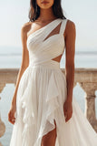 One Shoulder Cut Out Ivory A Line Ruffled Chiffon Wedding Dress