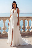 Ivory V-Neck A Line Sweep Train Wedding Dress with Slit