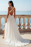 Ivory V-Neck A Line Sweep Train Wedding Dress with Slit