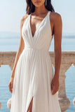 Ivory V-Neck A Line Sweep Train Wedding Dress with Slit