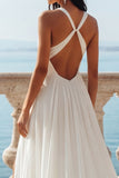 Ivory V-Neck A Line Sweep Train Wedding Dress with Slit