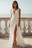 Ivory V-Neck Chiffon Ruched Sweep Train Wedding Dress