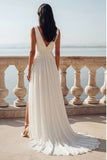 Ivory V-Neck Chiffon Ruched Sweep Train Wedding Dress