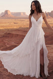 Ivory Spaghetti Straps A Line Ruffled Boho Wedding Dress with Slit