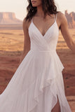 Ivory Spaghetti Straps A Line Ruffled Boho Wedding Dress with Slit