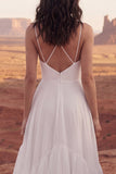 Ivory Spaghetti Straps A Line Ruffled Boho Wedding Dress with Slit
