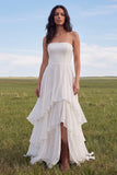Strapless Ivory A Line Ruffled Boho Wedding Dress with Slit