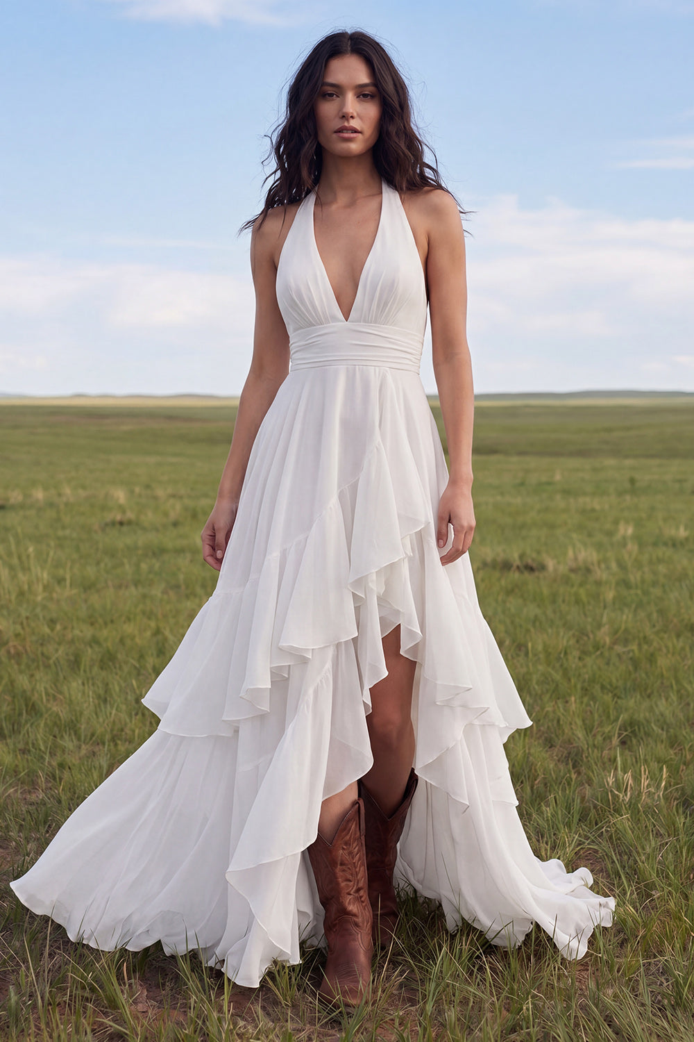Zapaka Women Halter Boho Wedding Dress Ivory A Line Chiffon Ruffled Ruched Bridal Dress with Slit, Ivory / US12 Zapaka Women Halter Boho Wedding Dress Ivory A Line Chiffon Ruffled Ruched Bridal Dress with Slit, Ivory / US12