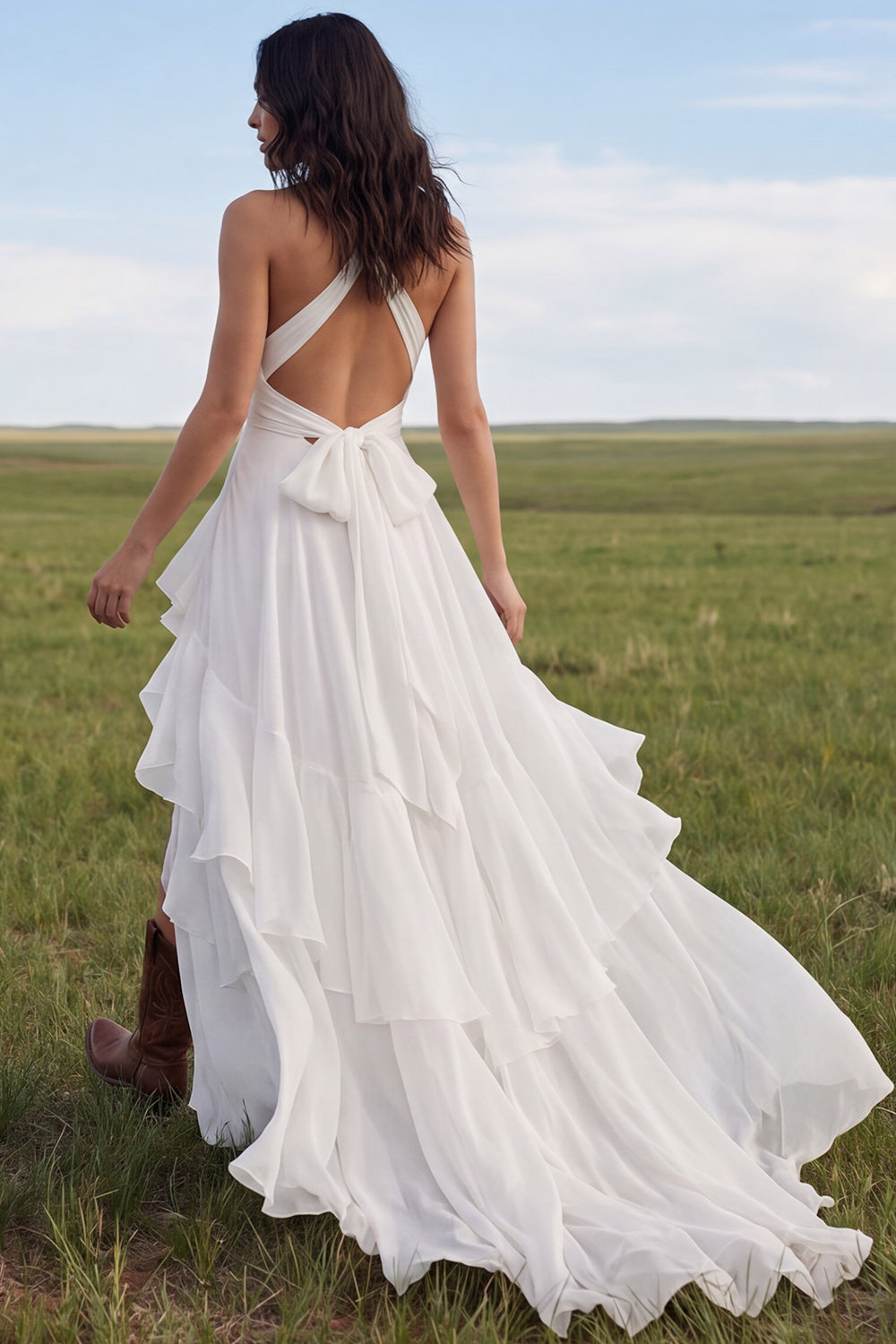 Zapaka Women Halter Boho Wedding Dress Ivory A Line Chiffon Ruffled Ruched Bridal Dress with Slit, Ivory / US12 Zapaka Women Halter Boho Wedding Dress Ivory A Line Chiffon Ruffled Ruched Bridal Dress with Slit, Ivory / US12