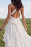 Halter Ivory A Line Chiffon Boho Wedding Dress