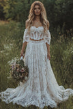 Lace Off The Shoulder Ivory Corset Boho Wedding Dress