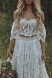 Lace Off The Shoulder Ivory Corset Boho Wedding Dress