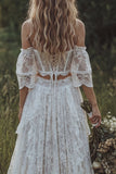 Lace Off The Shoulder Ivory Corset Boho Wedding Dress