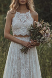 Lace Ivory Ruffled A Line 2-piece Boho Wedding Dress