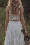 Lace Ivory Ruffled A Line 2-piece Boho Wedding Dress