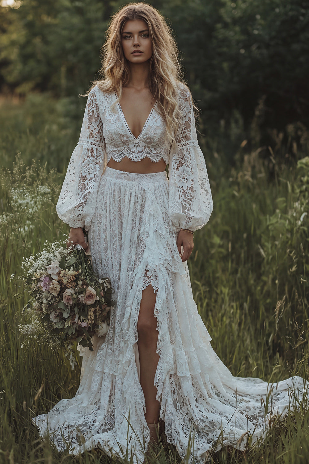 long sleeve v neck boho wedding dress Romantic Lace A-line V-neck Long Sleeves Wedding Dresses, Bridal Gown, MW681