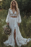 Lace Ivory V-Neck Ruffled A Line Long Sleeve Boho Wedding Dress