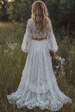 Lace Ivory V-Neck Ruffled A Line Long Sleeve Boho Wedding Dress