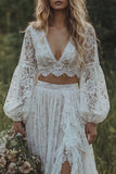 Lace Ivory V-Neck Ruffled A Line Long Sleeve Boho Wedding Dress