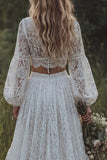Lace Ivory V-Neck Ruffled A Line Long Sleeve Boho Wedding Dress