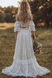 Off The Shoulder Lace Ivory A Line Ruffled 2-piece Boho Wedding Dress