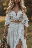 Off The Shoulder Lace Ivory A Line Ruffled 2-piece Boho Wedding Dress