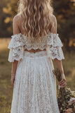 Off The Shoulder Lace Ivory A Line Ruffled 2-piece Boho Wedding Dress