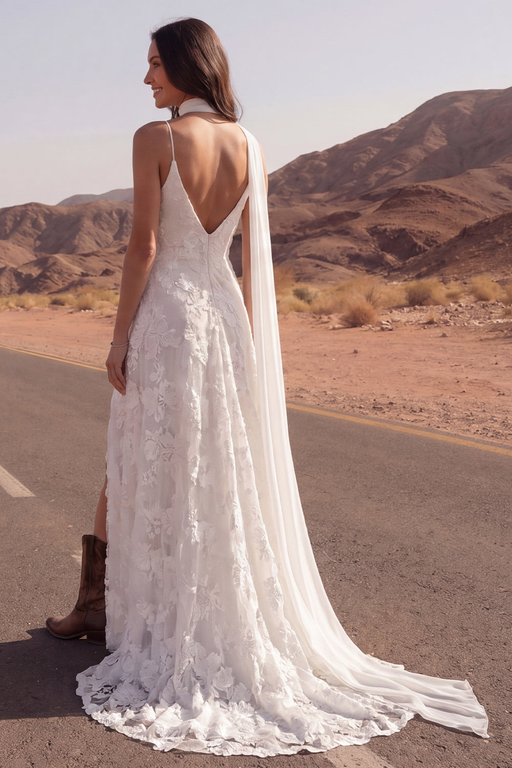 Zapaka Women Ivory Boho Wedding Dress with Neck Scarf Spaghetti Straps A Line Appliqued Bridal Dress with Slit, Ivory / US24W Zapaka Women Ivory Boho Wedding Dress with Neck Scarf Spaghetti Straps A Line Appliqued Bridal Dress with Slit, Ivory / US24W