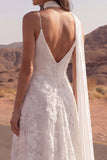 Ivory Spaghetti Straps A Line Appliqued Boho Wedding Dress with Neck Scarf