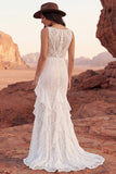Lace Ivory Boat Neck Mermaid Ruffled Boho Wedding Dress with Slit