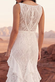 Lace Ivory Boat Neck Mermaid Ruffled Boho Wedding Dress with Slit