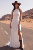 Ivory High Neck Lace Mermaid Boho Wedding Dress