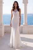 Lace Mermaid Illusion Neck Ivory Sweep Train Wedding Dress