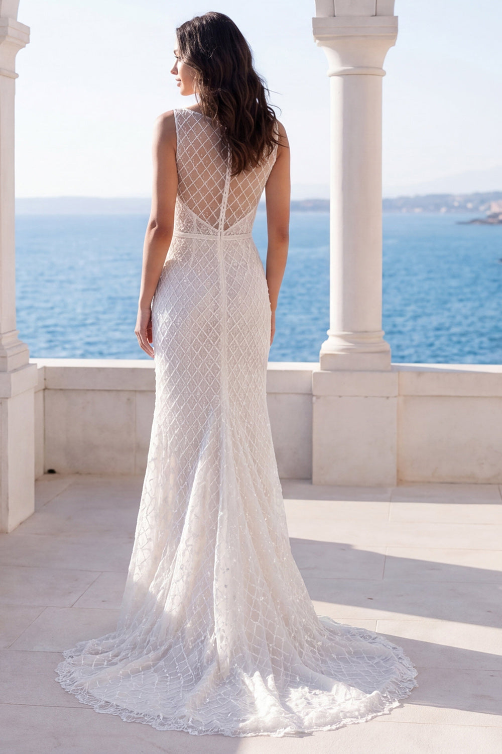 Zapaka Women Lace Wedding Dress Mermaid Illusion Neck Ivory Sleeveless Sweep Train Bridal Dress, Ivory / US20W