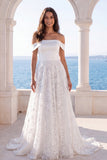 Off The Shoulder Ivory Lace A Line Sweep Train Wedding Dress