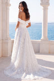 Off The Shoulder Ivory Lace A Line Sweep Train Wedding Dress
