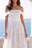 Off The Shoulder Ivory Lace A Line Sweep Train Wedding Dress
