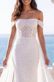 Off The Shoulder Mermaid Ivory Wedding Dress with Sash