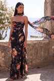 Black Mermaid Sweetheart Floral Ruched Chiffon Long Formal Dress with Slit
