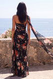 Black Mermaid Sweetheart Floral Ruched Chiffon Long Formal Dress with Slit