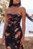Black Mermaid Sweetheart Floral Ruched Chiffon Long Formal Dress with Slit