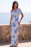 Blue Flower Mermaid Off the Shoulder Maxi Dress with Slit