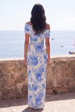 Blue Flower Mermaid Off the Shoulder Maxi Dress with Slit