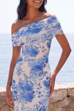 Blue Flower Mermaid Off the Shoulder Maxi Dress with Slit