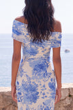 Blue Flower Mermaid Off the Shoulder Maxi Dress with Slit
